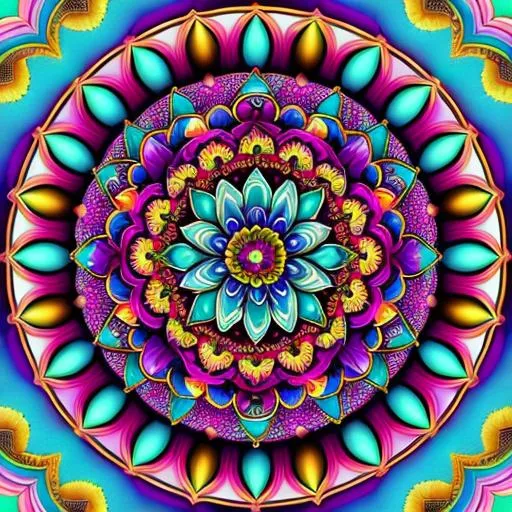 Prompt: Breathtakingly detailed Image of a mandala in the colors of magenta, turquoise and gold