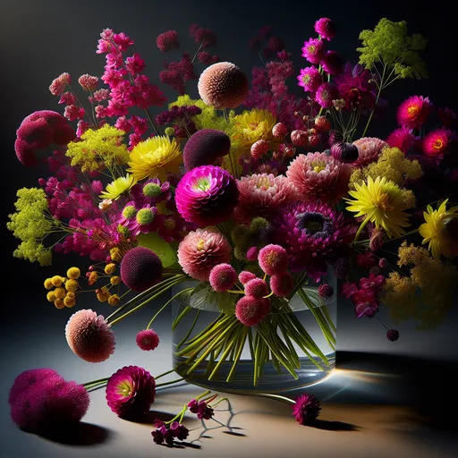 Prompt: A magenta and yellow flower arrangement