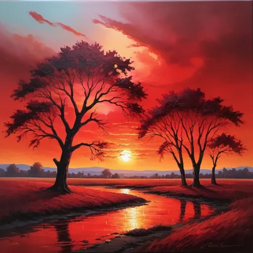 Prompt: Red sunset landscape, oil painting, vibrant colors, fine details, high-quality, realistic, warm tones, dramatic lighting, expansive horizon, silhouettes of trees, serene atmosphere