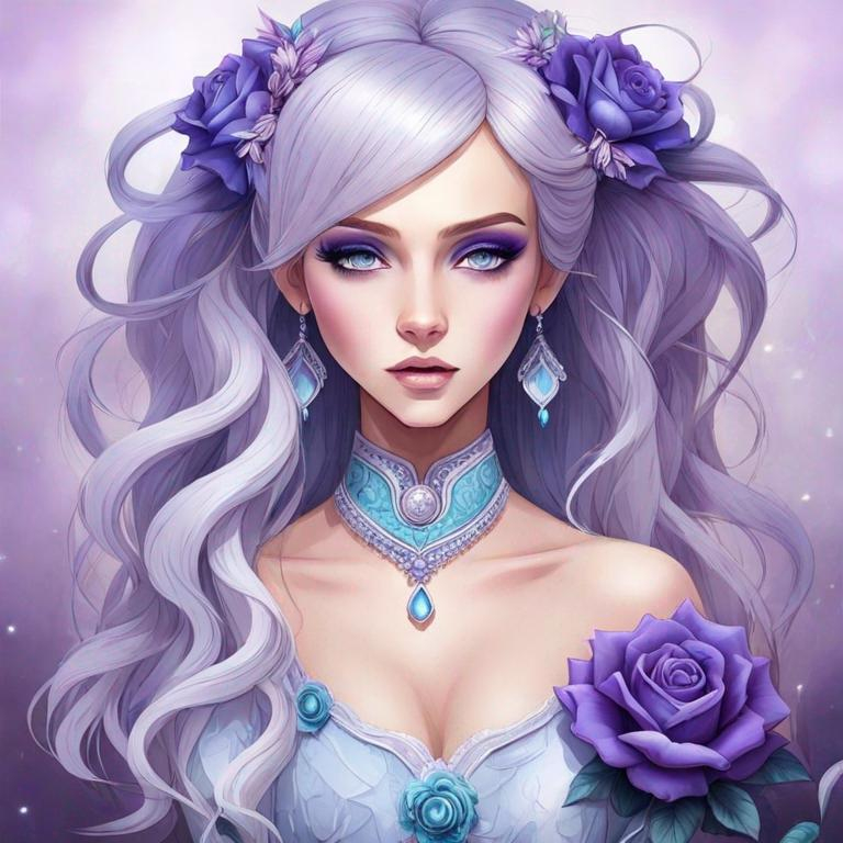 Prompt: A beautiful woman, white hair with pastel purple highlights, violet eyes, blue eyeshadow, pastel blue roses in her hair, blue jewels on forehead, cartoon style