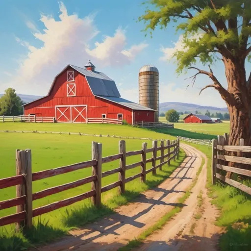 Prompt: Classic farm scene with a red barn, rustic countryside setting, vibrant green pastures, traditional wooden fences, clear blue sky, high quality, oil painting, classic style, warm tones, natural lighting