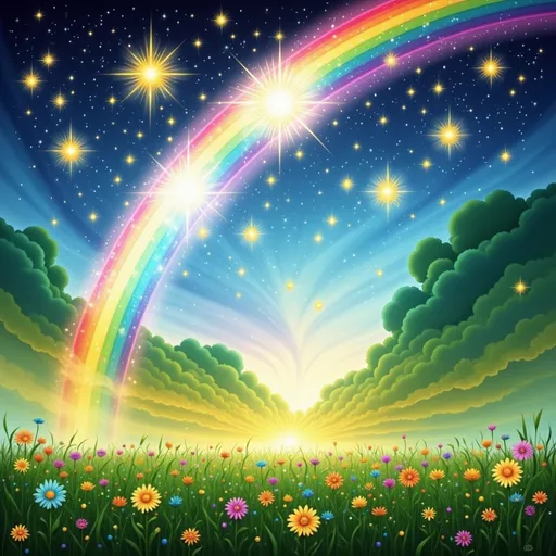 Prompt: a rainbow in the sky with stars and flowers around it and a field of grass and flowers below it, Andries Stock, magical realism, mystical colors, a storybook illustration