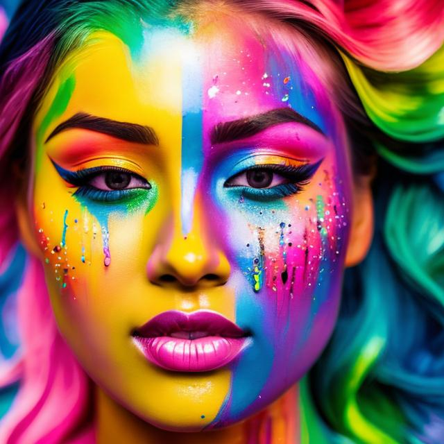 Prompt: female face dripping  paint in rainbow colors, facial closeup