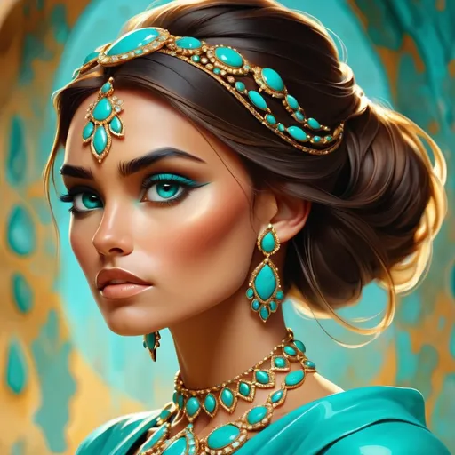 Prompt: An extremely gorgeous woman,  with turquoise jewels, in color scheme of turquoise and gold