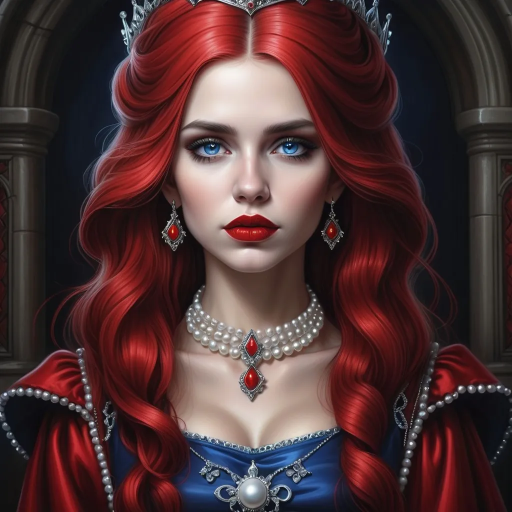 Prompt: a woman with  white hair, blue eyes, red lips, a tiara and pearls on her head and a red lip and a blue dress with a red and white collar, Anne Stokes, gothic art, highly detailed digital painting, a detailed painting