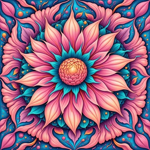 Prompt: a pink and blue flower with a pink center on a blue background with swirls and leaves in the center, Alex Grey, psychedelic art, colorful flat surreal design, digital art