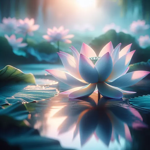 Prompt: (lotus flower), delicate petals opening, serene water surface, tranquil surroundings, soft morning light, pastel color tones, gentle reflections, harmonious composition, symbol of purity and rebirth, enchanting natural beauty, surrounded by lush green leaves, ethereal atmosphere, calm and peaceful ambiance, (highly detailed), (4K quality), (stunning visual masterpiece).