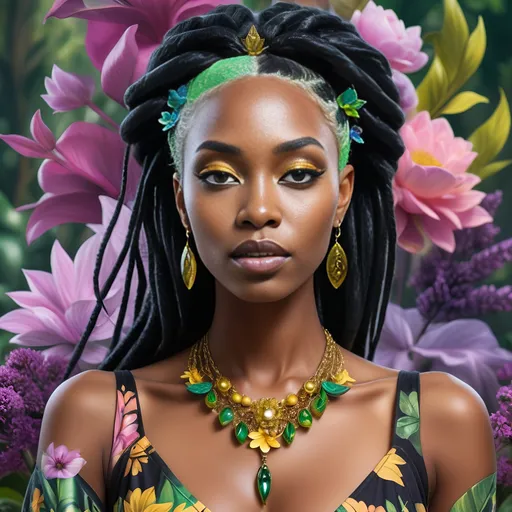 Prompt: <mymodel>In a majestic detailed floral the mystical Empress, a black woman with green and yellow hair, stands tall amidst vibrant flora, embodying divine grace and feminine power.