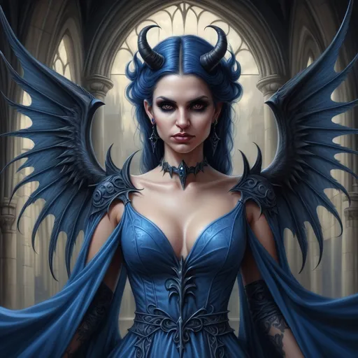 Prompt: a woman with a blue dress and a devilish head and wings on her body,  Anne Stokes, gothic art, highly detailed digital painting, a detailed painting