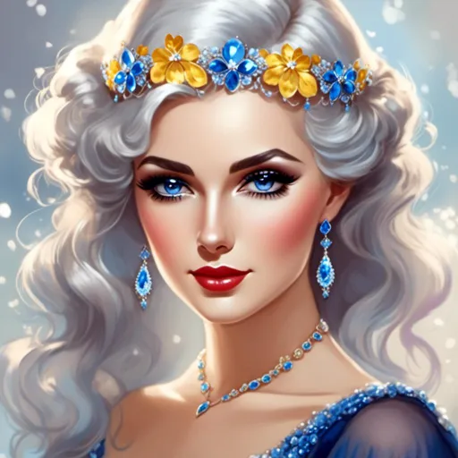 Prompt: <mymodel>A beautiful woman, snow white hair with pastel highlights, frosty blue eyes, blue eyeshadow, blue jewels on forehead