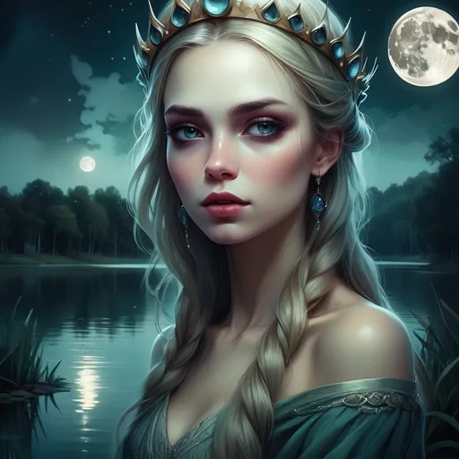 Prompt: a woman with a crown on her head standing in front of a lake at night with a full moon, Anna Dittmann, fantasy art, highly detailed digital painting, a digital painting