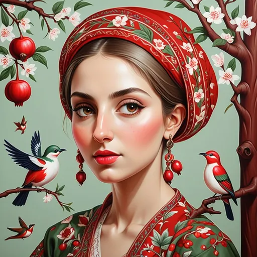 Prompt: A colorful design in the dimensions of 140centimeteres by 140 centimeters. It's main theme is red and white. There are pomegranates and cherry blossoms. with some green leaves and branches. It has some birds. Traditional Iranian style