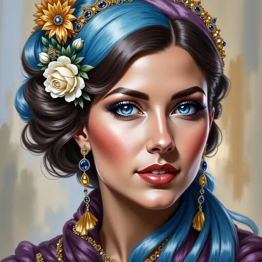 Prompt: a woman with blue eyes and a tiara on her head  wearing a gold dress and sapphire earrings, Artgerm, fantasy art, highly detailed digital painting, a photorealistic painting