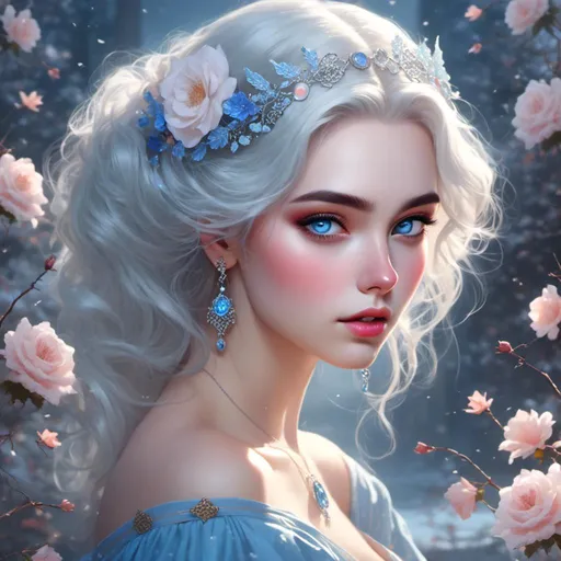 Prompt: <mymodel>A beautiful woman, snow white hair with pastel highlights, frosty blue eyes, blue eyeshadow, blue jewels on forehead