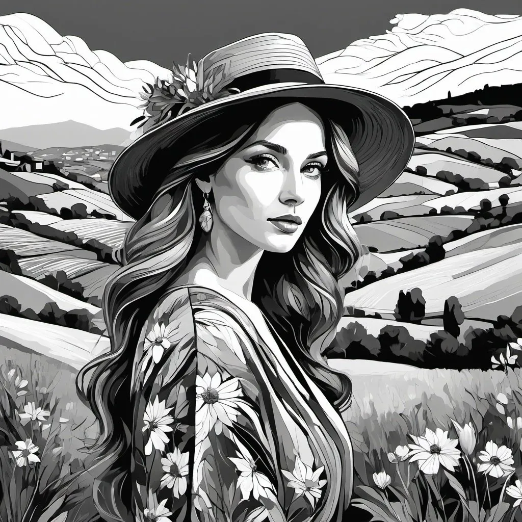 Prompt: <mymodel>Beautiful italian lady in an beautiful landscape of Umbrië, Style Flora Bowley and Vincent van Gogh,8k, dynamic lighting, ultra detailed