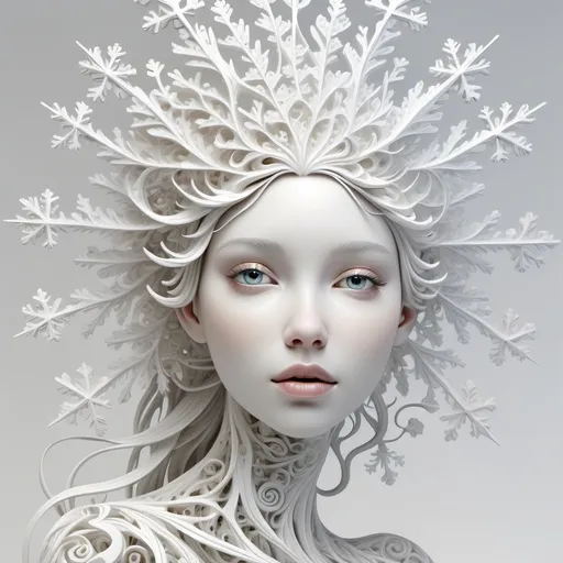 Prompt: A beautiful white female 3D sculpture against a white background, whimsical snowflakes fused throughout the sculpture, Stephanie Law style of hyperrealism, very intricate details, abstract vector fractal, wave function, zentangle, 3D shading