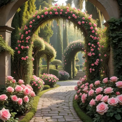 Prompt: A breathtaking garden pathway stretches ahead, framed by tall, slender cypress trees that create an elegant structure against the soft morning light. Vibrant pink roses in full bloom line both sides of the cobblestone walkway, their lush petals cascading like confetti onto the ground, adding a rich texture to the scene. An enchanting archway draped with blooming roses invites exploration, forming a picturesque entrance to the vibrant greenery beyond. The overall composition feels harmonious and serene, bathed in the golden glow of dawn, evoking a sense of tranquility and beauty in this idyllic garden setting.