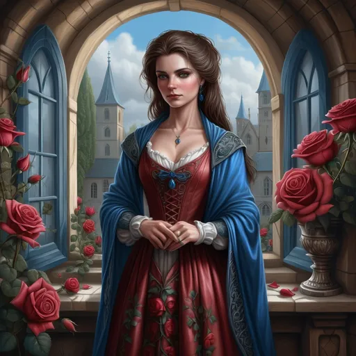 Prompt: a woman in a 17th century dress standing in front of a window with roses around her and a blue shawl, Anne Stokes, fantasy art, highly detailed digital painting, a character portrait