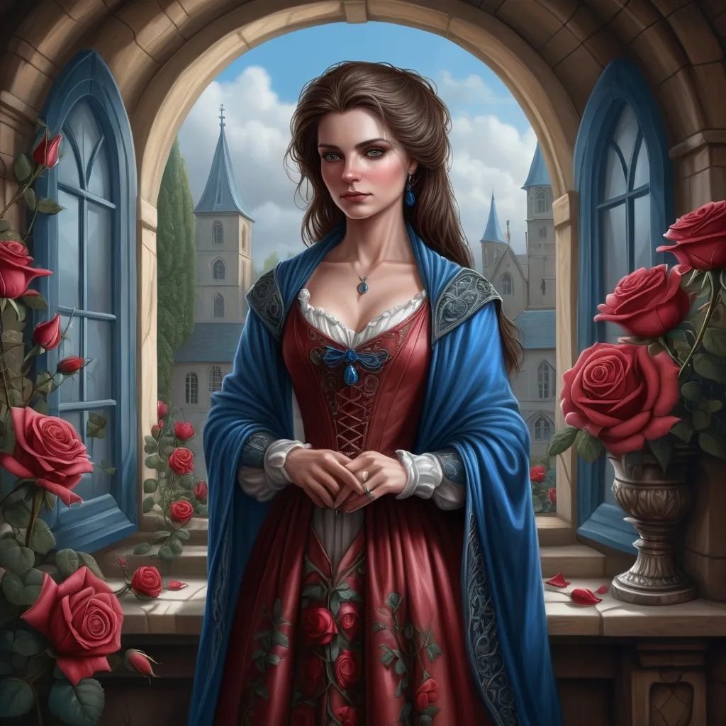 Prompt: a woman in a 17th century dress standing in front of a window with roses around her and a blue shawl, Anne Stokes, fantasy art, highly detailed digital painting, a character portrait