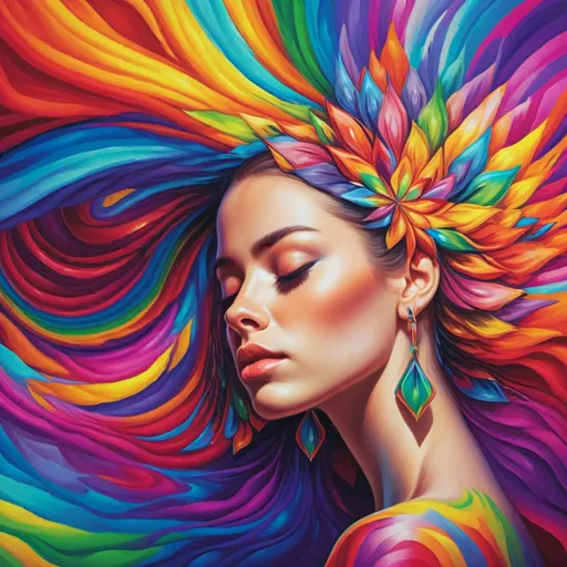 Prompt: <mymodel> a woman with a rainbow dress and earrings on her head and her eyes closed, with her eyes closed, Artgerm, psychedelic art, affinity photo, a photorealistic painting