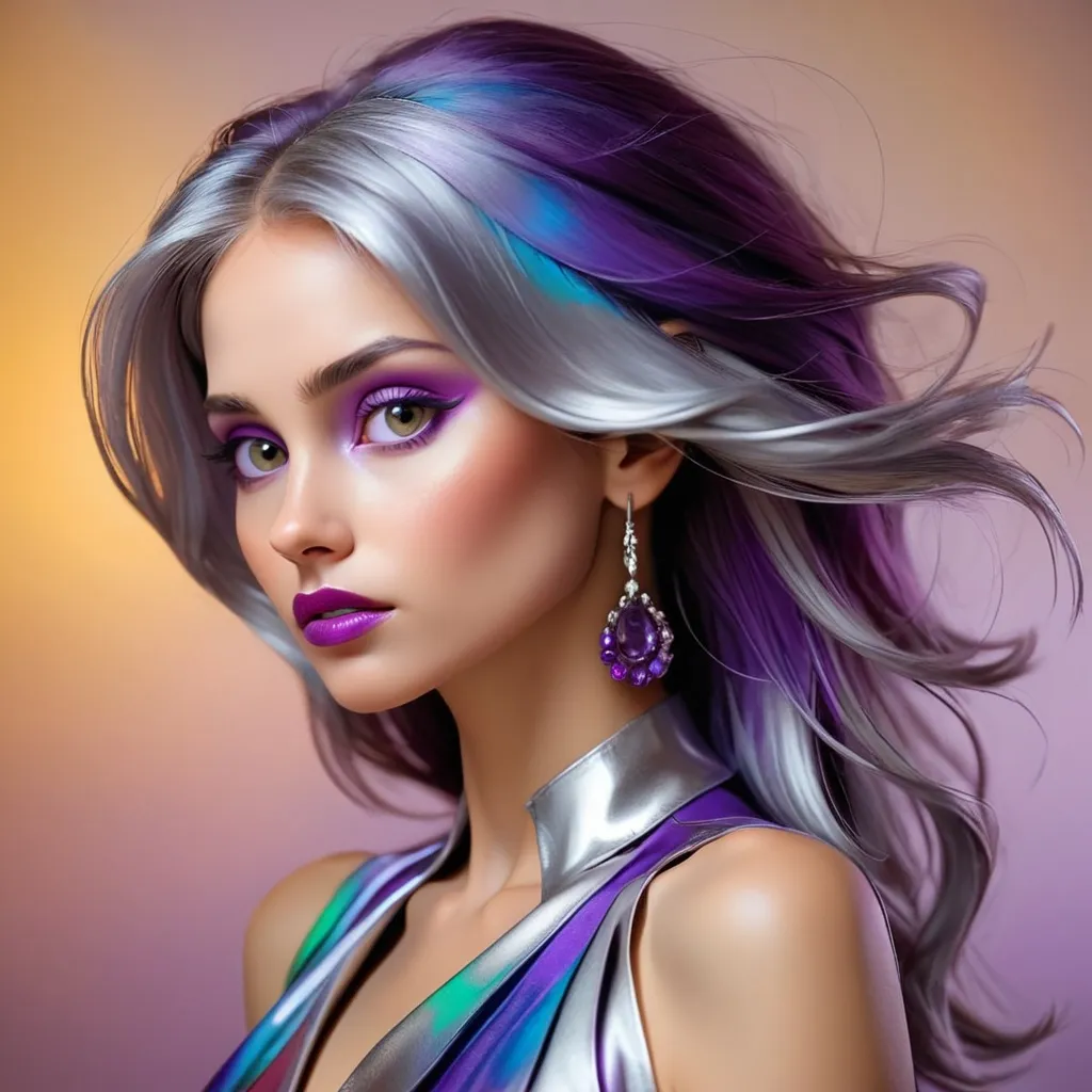 Prompt: Woman in colors of silver and purple