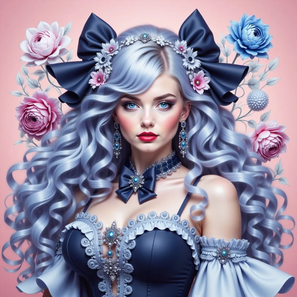 Prompt: a girl with long hair wearing a blue dress and a bow tie with flowers on her head and a pink background, Anna Dittmann, fantasy art, highly detailed digital painting, a character portrait