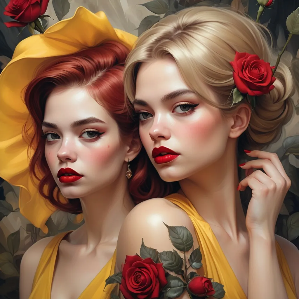 Prompt: two women with red lipstick and hair in a painting style, one wearing a yellow dress and the other wearing a red rose, Artgerm, fantasy art, highly detailed digital painting, a detailed painting