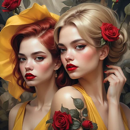 Prompt: two women with red lipstick and hair in a painting style, one wearing a yellow dress and the other wearing a red rose, Artgerm, fantasy art, highly detailed digital painting, a detailed painting