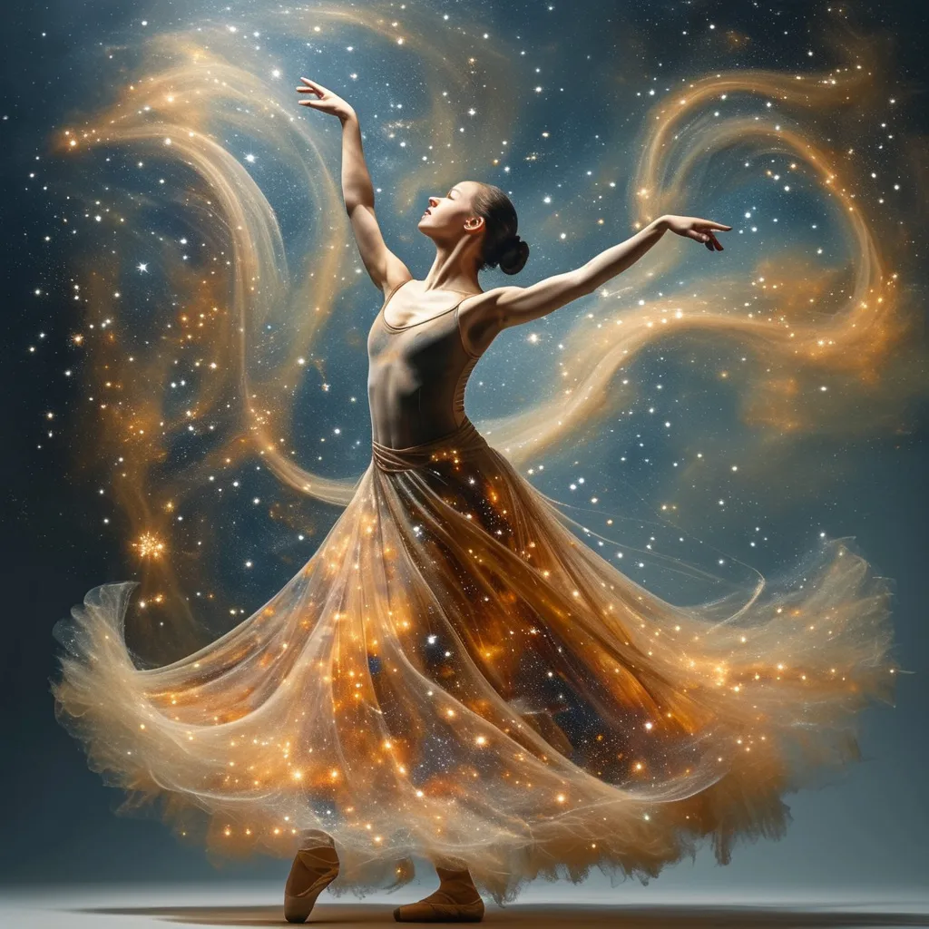 Prompt: a stunning depiction of a dancer whose flowing movements create beautiful, swirling galaxies. The dancer's form and dress are painted with stars and cosmic dust, illustrating the harmony between human expression and the universe. Light background 