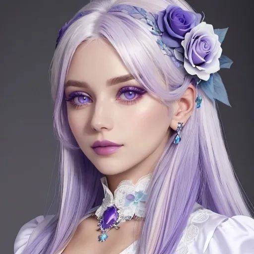 Prompt: A beautiful woman, white hair with pastel purple highlights, violet eyes, blue eyeshadow, pastel blue roses in her hair, blue jewels on forehead