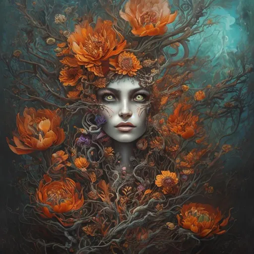 Prompt: Beautiful  hybrid woman with orange flowers sprouting from her, oil painting, detailed fiery eyes, ethereal glow, dark and mysterious, high quality, vibrant colors, surreal, haunting, intricate floral details, intense gaze, mystical atmosphere, oil painting, demon, hybrid, fiery eyes, ethereal, vibrant colors, surreal, haunting, floral details, intense gaze, mystical atmosphere