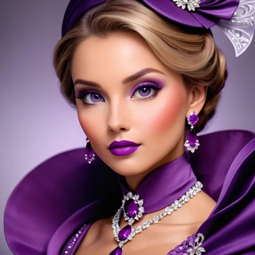 Prompt: lady in purple high class attire, facial closeup