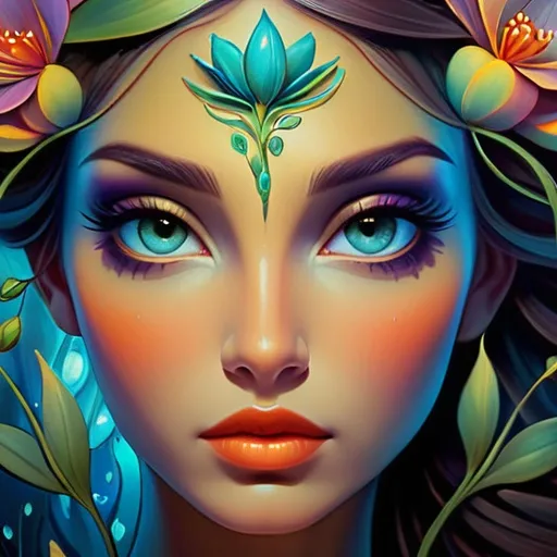 Prompt: Beautiful  hybrid woman with flowers sprouting from her, oil painting, ethereal glow, dark and mysterious, high quality, vibrant colors, surreal, haunting, intricate floral details, intense gaze, mystical atmosphere, oil painting,  ethereal, vibrant colors, surreal, haunting, floral details, intense gaze, mystical atmosphere