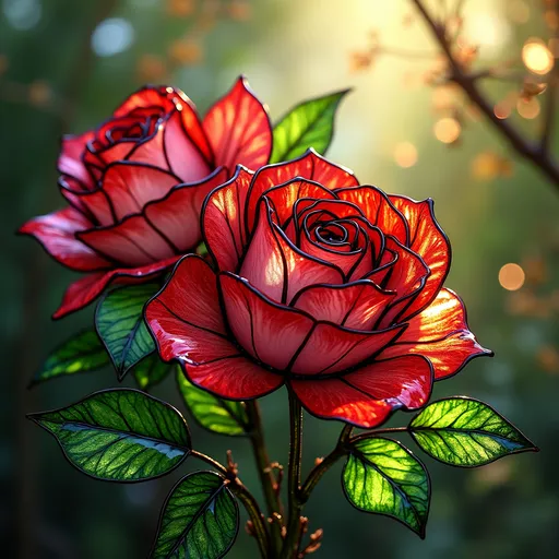 Prompt: (stained glass roses), vibrant colors, intricate patterns, luminous light filtering through, delicate petals crafted with precision, rich greens contrasting with bold reds and pinks, ethereal ambiance, captivating detail, (highly detailed) texture, ornate glass designs, warm lighting casting soft shadows, elegant and enchanting composition, timeless beauty, (4K) ultra-detailed craftsmanship.