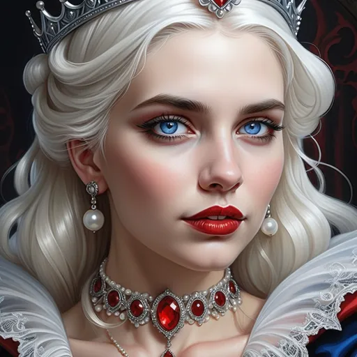 Prompt: a woman with  white hair, blue eyes, a tiara and pearls on her head and a red lip and a blue dress with a red and white collar, Anne Stokes, gothic art, highly detailed digital painting, a detailed painting