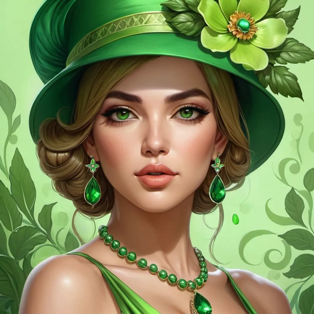 Prompt: a woman wearing a green hat and green jewelry with a flower on her head and a green dress and necklace, Artgerm, fantasy art, highly detailed digital painting, a detailed painting