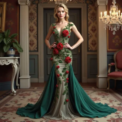 Prompt: A striking young woman stands confidently in a lavish interior, adorned in a stunning gown that merges elegance with floral artistry. The dress features a sheer bodice intricately embroidered with vibrant red roses and lush green leaves, cascading into a dramatic green train that adds a touch of grandeur. Her poised expression is accentuated by soft, glamorous makeup and swept-back hair, which frames her face beautifully. The ornate surroundings, with luxurious chandeliers and rich wallpaper, further enhance the atmosphere of sophistication and charm, creating a captivating scene that celebrates beauty and style. The interplay of light and shadow deepens the visual impact, inviting viewers into a fairy-tale moment.