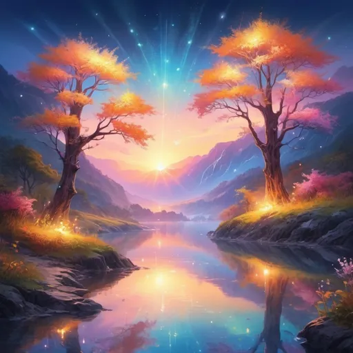 Prompt: (ethereal glow), luminous light radiating, soft illumination, vivid colors, warm ambient tones, magical atmosphere, serene background, enchanting landscapes, high detail, ultra-detailed, vibrant, dreamlike scenery, shimmering reflections, calming hues, captivating visual experience