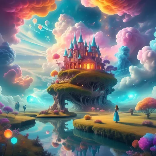 Prompt: Maker of dreams, ethereal landscape, bright and vibrant colors, surreal elements, whimsical atmosphere, clouds intertwined with dream-like manifestations, soft glowing light illuminating the scene, fantastical structures floating, serene ambiance, imaginative figures interacting with dreams, high detail, magical realism, 4K resolution, captivating and enchanting environment.