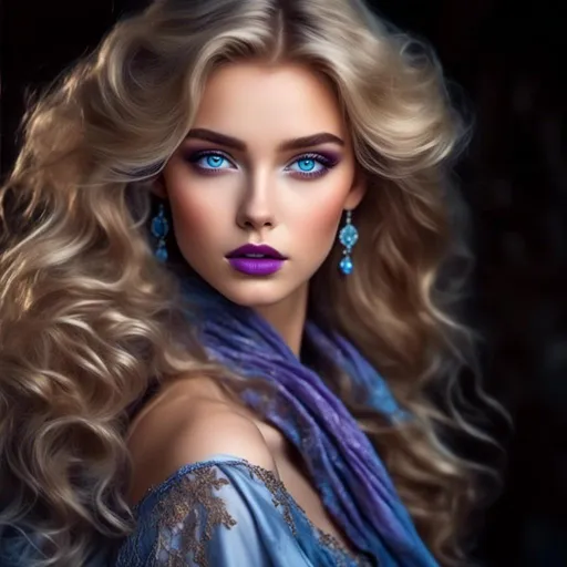 Prompt: <mymodel>Beautiful ethereal woman, long blonde hair,and icy blue eyes color, purple lipstick, facial closeup