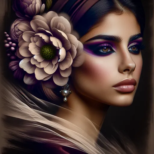 Prompt: a woman with a flower in her hair and purple makeup on her face and a flower in her hair, Dave Melvin, art photography, fashion photography, an airbrush painting