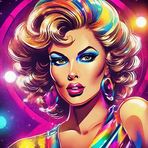 Prompt: Cartoon-style closeup of an 80s disco lady, vibrant and lively, glossy lips, bright eyeshadow, exaggerated lashes, retro hairstyle, disco ball reflection in eyes, neon colors, vibrant disco atmosphere, high quality, cartoon, 80s, disco, lively colors, retro, exaggerated features, glossy lips, bright eyeshadow, retro hairstyle, disco ball reflection, neon colors, vibrant atmosphere