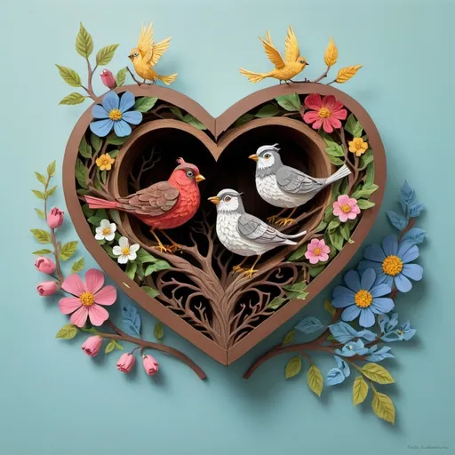 Prompt: a painting of a heart shaped box with two birds on it and flowers on the inside of it, and a branch of a tree with leaves and flowers, Chris LaBrooy, naive art, highly detailed digital painting, a detailed painting