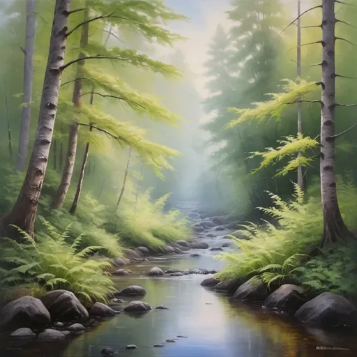 Prompt: Serene forest, oil painting, mist-covered trees, tranquil stream, vibrant and soothing colors, high quality, realistic, detailed foliage, peaceful atmosphere, soft natural lighting