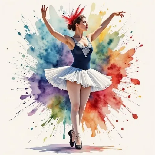 Prompt: This is a vibrant, digital painting of a ballerina in a classical ballet pose. The ballerina stands gracefully with her right arm extended upward and her left arm slightly bent to the side. She is dressed in a dark navy blue bodice with delicate white lace trim and a full, white tulle tutu that flares out elegantly. Her legs are covered in sheer white tights, and she wears black ballet shoes. Her hair is styled in a neat bun, adorned with a bright red feathered headpiece that adds a splash of color and a sense of movement to the composition.

The background is a dynamic, abstract swirl of colors, including shades of blue, purple, green, yellow, orange, and red, creating a sense of depth and energy that contrasts with the ballerina's poised and serene figure. The brushstrokes in the background are broad and expressive, giving the painting a lively, almost impressionistic feel. The ballerina's skin is fair, and her expression is calm and focused, highlighting her concentration and grace. The overall composition is both dynamic and elegant, capturing the beauty and poise of ballet in a modern, artistic style.