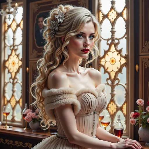 Prompt: In an elegant, dimly-lit bar adorned with opulent chandeliers, a striking woman in a form-fitting, off-the-shoulder brown gown stands confidently by a polished wooden bar. Her glamorous look is accentuated with soft waves cascading down her shoulders and sparkling earrings that catch the warm light. She leans slightly, engaging the viewer with an alluring expression, while behind her, a group of well-dressed individuals engage in lively conversation, their flutes filled with drinks reflecting the sophisticated ambiance of the venue. Lush floral arrangements on the bar and the rich, wooden decor further enhance the luxurious atmosphere, creating a scene that exudes a sense of refinement and celebration.