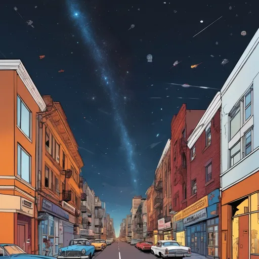 Prompt: a street with cars parked on both sides of it and a sky full of stars above it and buildings, Asaf Hanuka, space art, night sky, a comic book panel