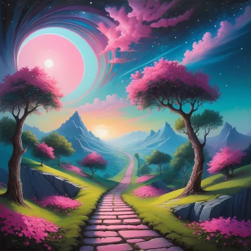 Prompt: a  quirky, colorful painting of a pathway leading to a star filled sky with pink flowers and trees on the side of a mountain, Chris LaBrooy, fantasy art, fantasy artwork, an oil painting