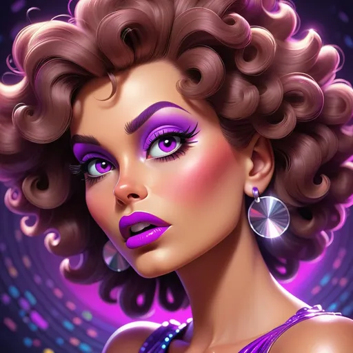 Prompt: Cartoon-style closeup illustration of a disco lady, big hair, vibrant  purple 80s makeup, detailed smooth lines, high quality, playful, detailed eyes, rosy cheeks, cartoon style, professional lighting