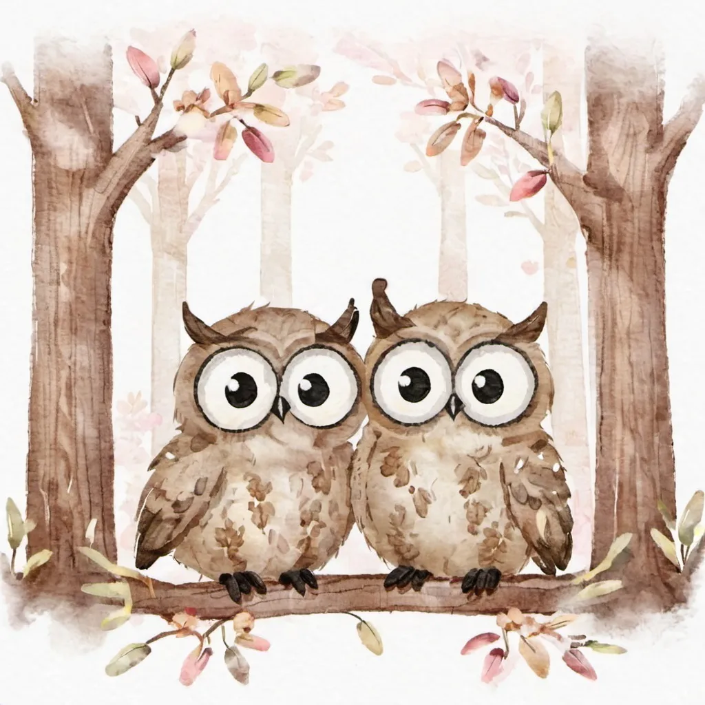 Prompt: Adorable illustration of two owls, soft pastel colors, dreamy forest setting, ultra-detailed feathers, big expressive eyes, whimsical, high quality, pastel colors, dreamy lighting